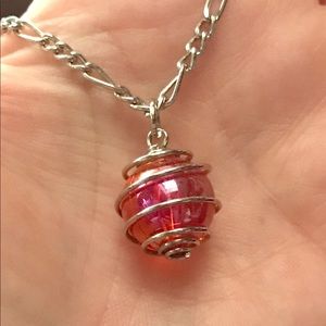 Wire Wrapped Pink Globe Pendant Necklace